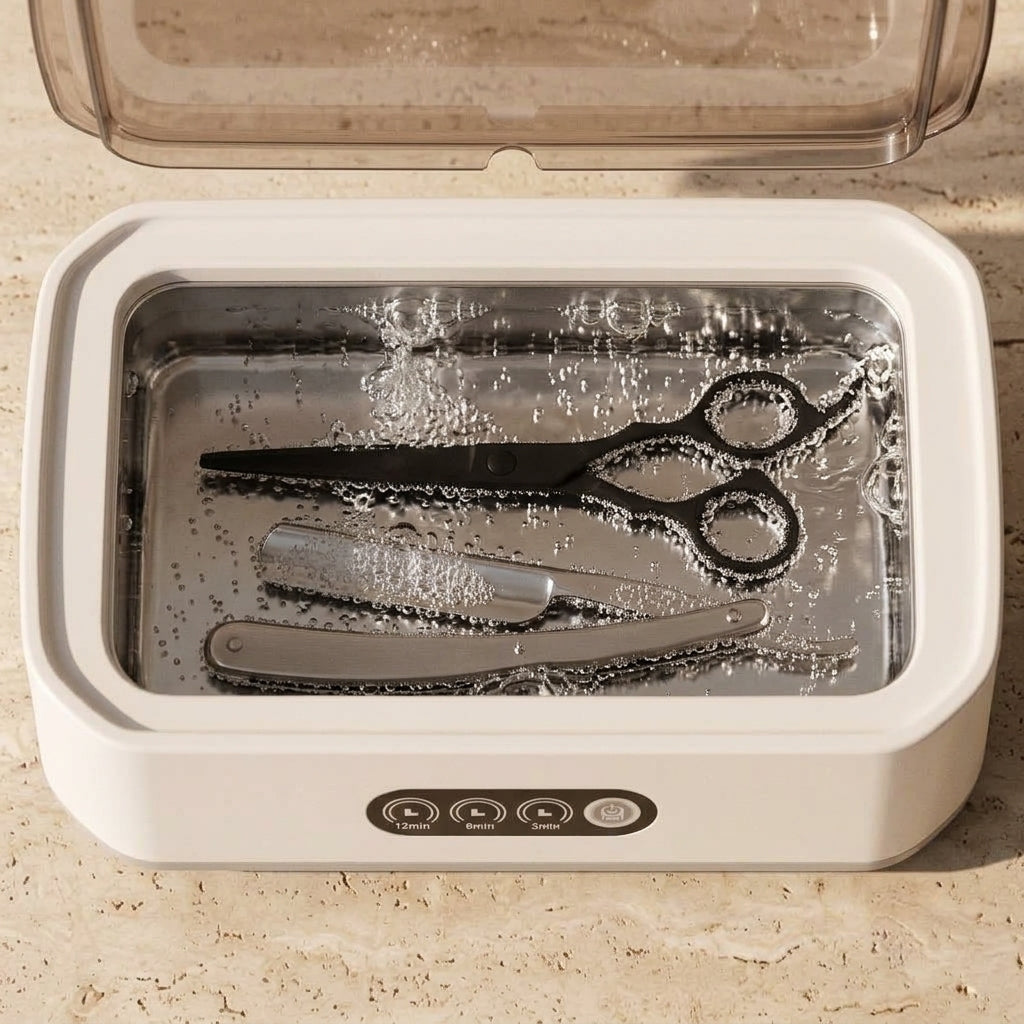 Lowering a clipper blade into the tank with tweezers, 3 minute cycle selected