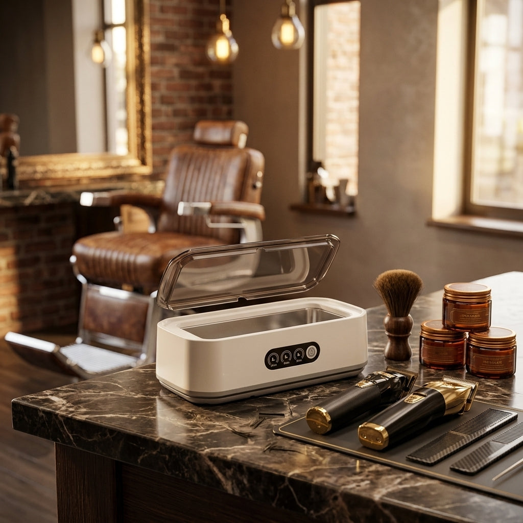 Shears and a straight razor lying flat in the 650ml rectangular tank